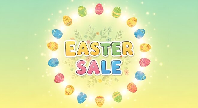 Easter sale advertisement with colorful eggs arranged in a circular pattern