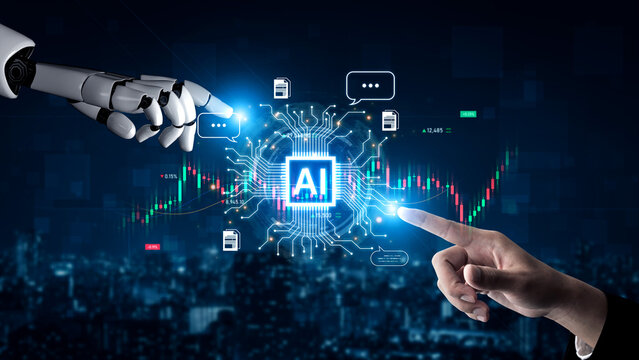 Futuristic financial technology concept features automated robot trader, quantitative analytics, and real-time stock market graph. Represents high frequency trading HFT and wealth management. Corpus