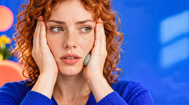 Stressed redhead woman holding face and small green pebble with cobalt blue studio lighting and anxious mental health concept