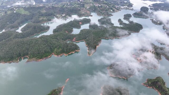 Guatap&eacute; Reservoir with Islands and Mountain Landscape in Antioquia, Colombia. Establishing Shot. Aerial View.