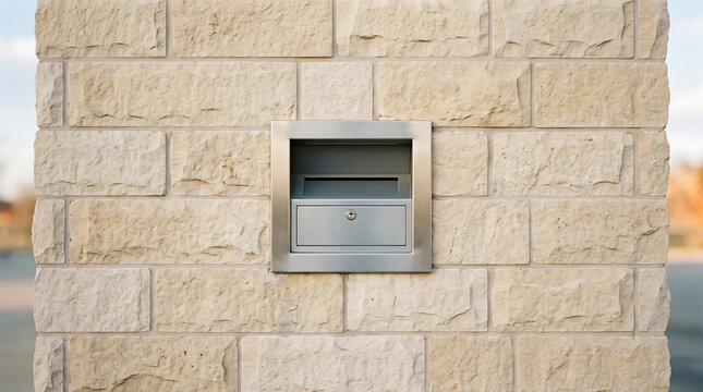 A symmetrical, centered view of a stainless steel drop box or mail slot embedded into a textured, light beige stone brick wall, outdoor setting