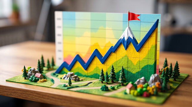 A tilt-shift miniature style diorama featuring a blue line graph rising like a mountain peak with a red flag, set on a wooden table with small trees and landscape