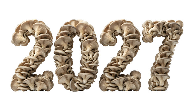 2027 New Year number formed by fresh oyster mushrooms, organic fungi typography for eco food design on isolated white background