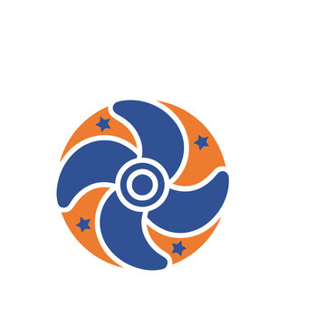 Blue and orange propeller logo with stars
