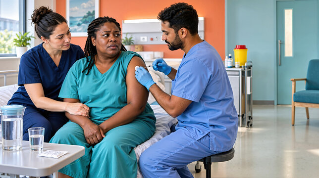 Medical professionals administering an arm injection to a hospitalized female patient in a bright hospital ward room. Healthcare workers caring for a seated patient receiving medical treatment
