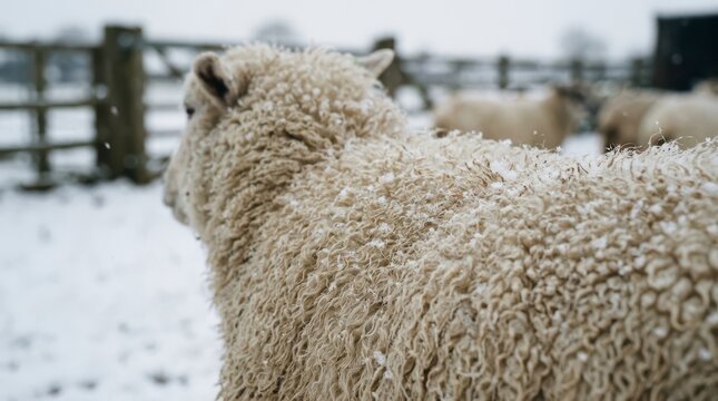 Snowflakes Accumulating on Fluffy Sheep Wool in Winter Pasture on a Cold Day in the Countryside