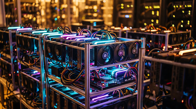 Close up of a cryptocurrency mining rig with multiple cards, illuminated by glowing neon blue, purple, and pink led lights in a server room rack