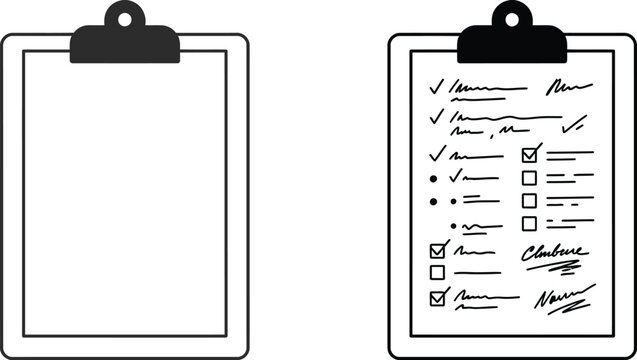 Black and white vector illustration of two clipboards with and without a completed checklist