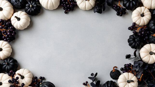 A stylish, modern Halloween aesthetic flat lay with a detailed border composed of mini white Casper pumpkins and dark berries