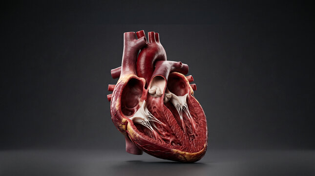 Anatomical human heart dissected showing chambers and valves for medical study