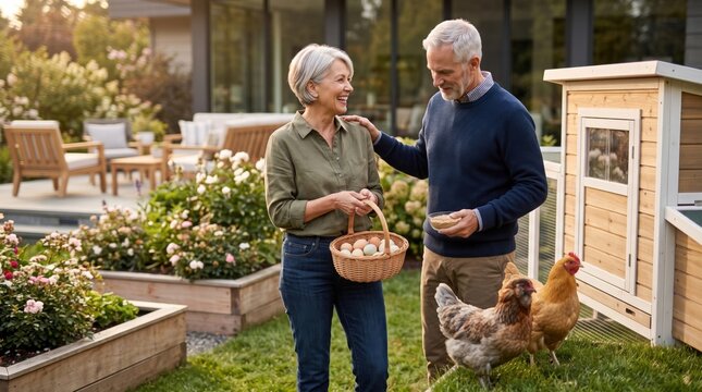 Senior couple collecting fresh eggs beside chickens and a wooden coop in a flourishing backyard garden, for a joyful and active retirement lifestyle