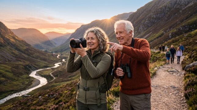 Older woman photographing a winding mountain river while her partner guides her view from a high hiking trail, for positive and active aging