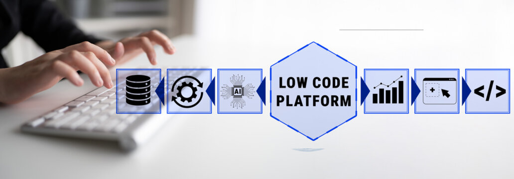 Low Code Platform Concept with Hands on Keyboard and Visual Elements Representing AI, Data, and Analytics for Modern Development Solutions Quark.