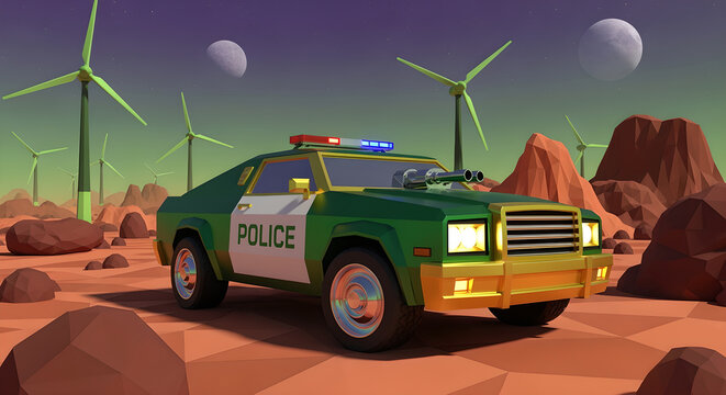 Vibrant low-polygon police vehicle navigating a stylized, desolate terrain dotted with modern wind turbines under a celestial sky, a minimalist future scene