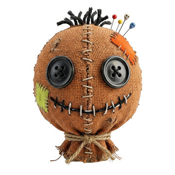Creepy voodoo doll made of burlap with button eyes and pins isolated on transparent background