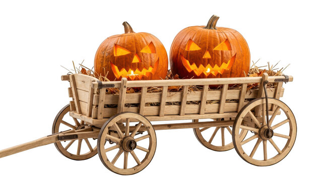 Two glowing carved halloween pumpkins sitting in a wooden farm wagon isolated on transparent background