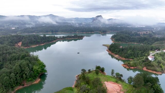 Guatap&eacute; Reservoir with Islands and Mountain Landscape in Antioquia, Colombia. Establishing Shot. Aerial View.