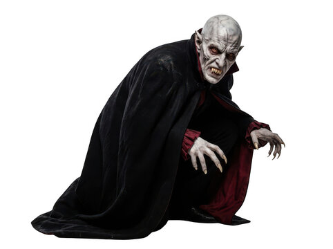 Sinister vampire in black cape with sharp fangs crouching isolated on transparent background