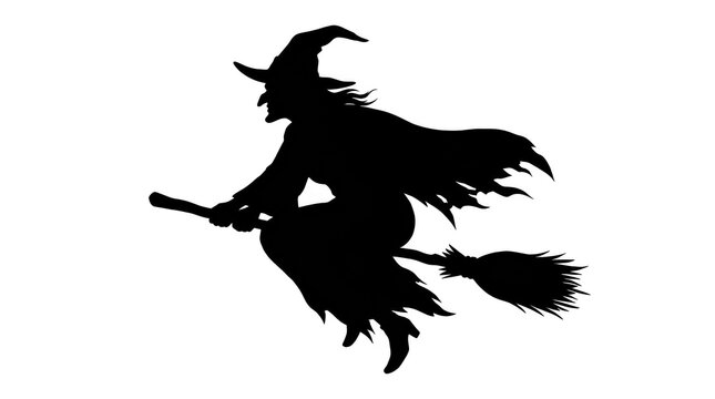 Silhouette of a witch flying on a broomstick isolated on transparent background