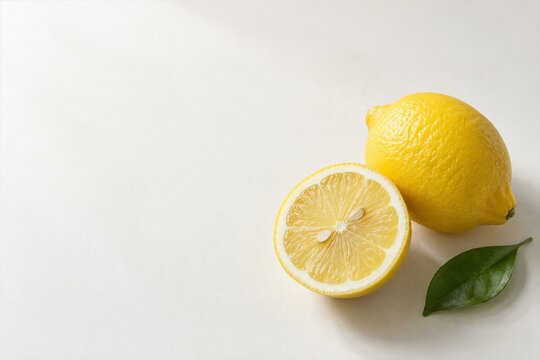 Whole lemon and cut lemon half with green leaf on white background
