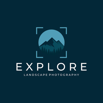 mountain range logo design with sun, Mountain Photography Logo with Sunset in Camera Icon, Landscape photography logo design, simple modern mountain landscape photography vector icon, Creative simple 