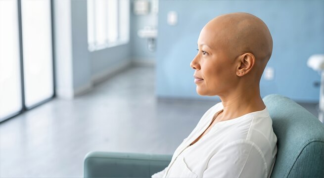 Profile of a bald woman sitting in a teal armchair. Thoughtful female patient with alopecia or undergoing chemotherapy in a bright clinic room