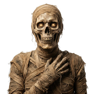 Scary ancient mummy with glowing eyes and tattered bandages isolated on transparent background