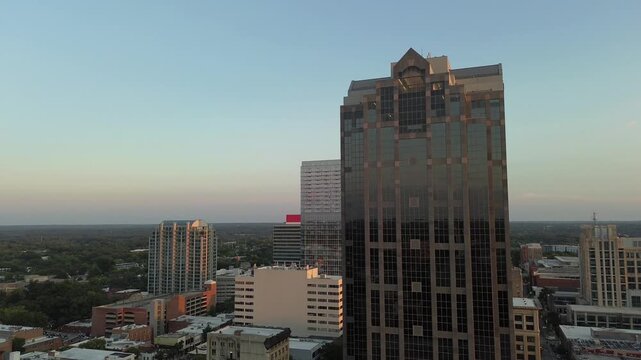 Aerial view of the Raleigh, North Carolina skyline at sunset