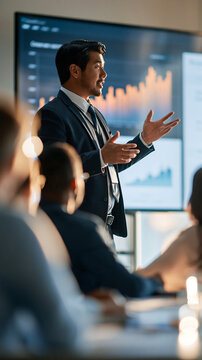 Confident asian advisor seen from behind delivering persuasive sales with data and visuals to clients standing beside a large screen with charts clients as soft silhouettes at a bright