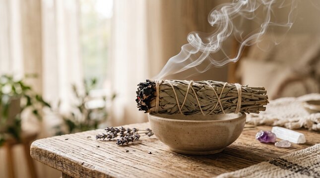 Burning sage bundle with curling smoke in a ceramic bowl on a rustic wooden table in a calm wellness interior for spiritual cleansing ritual