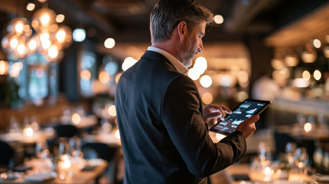 Restaurant manager seen from behind utilizing advanced software to monitor real time sales data on a portable pad standing in a bright restaurant with set tables restaurant manager