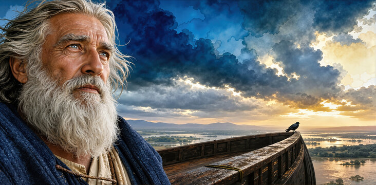 Close-up of elderly patriarch with white beard looking at stormy horizon from the deck of the ark. Raven perched on wooden railing with flooded landscape and dramatic clouds in background