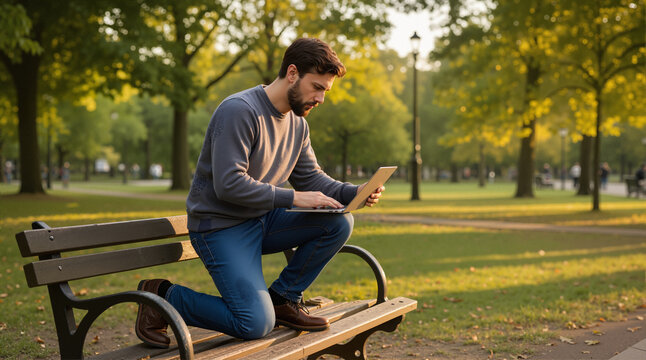 He is kneeling on one knee on a park bench to get a better angle on his screen, ignoring comfort for work.
