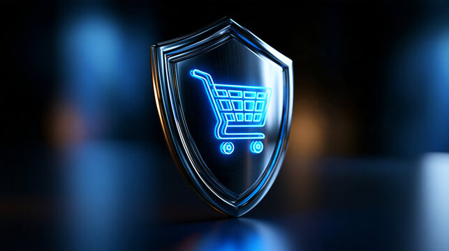 Metallic polished shield with a neon blue shopping cart icon glowing on its surface floating on a dark background with soft blue reflections online shopping security protection