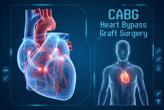 3D medical illustration of coronary artery bypass graft surgery with transparent heart and human body on blue digital background