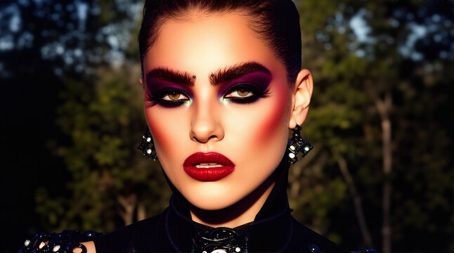 A high-fashion editorial look with dramatic makeup and lighting, despite the outdoor setting.
