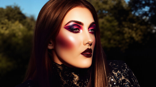 A high-fashion editorial look with dramatic makeup and lighting, despite the outdoor setting.
