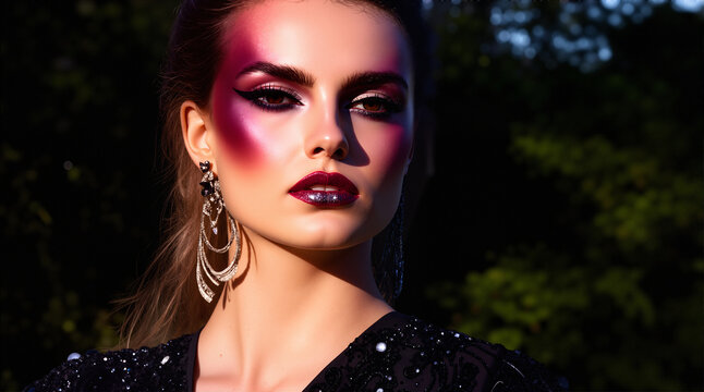 A high-fashion editorial look with dramatic makeup and lighting, despite the outdoor setting.
