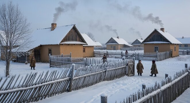 Snow-covered 19th-century Ukrainian hamlet in winter, smoke curling from clay ovens, children in woolen coats, frost on wooden fences