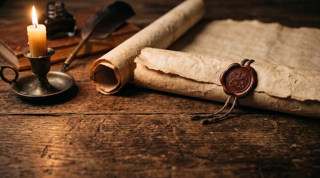 Vintage scroll with wax seal and quill pen lit by candlelight