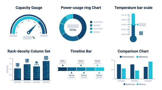 Data Center Infographic Elements Set with Capacity Gauge, Power Usage Ring Chart, Temperature Scale, Rack Density, Timeline and Comparison Charts