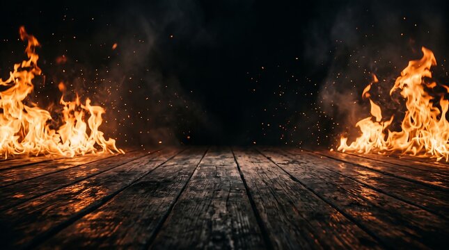 Dark wooden floor stage with bright orange flames burning on both sides and a black background