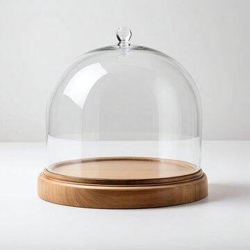 Empty transparent glass display dome on a wooden base isolated on pure white background, presentation mockup, generative AI