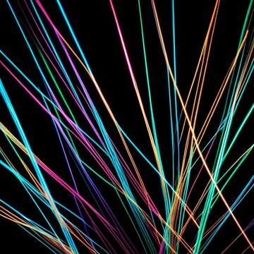 Abstract colorful neon laser beams converging on solid black background, nightclub light show overlay, generative AI