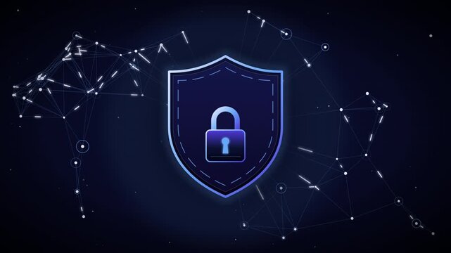 Luminous blue cybersecurity shield lock centered among constellation nodes in dark cyberspace