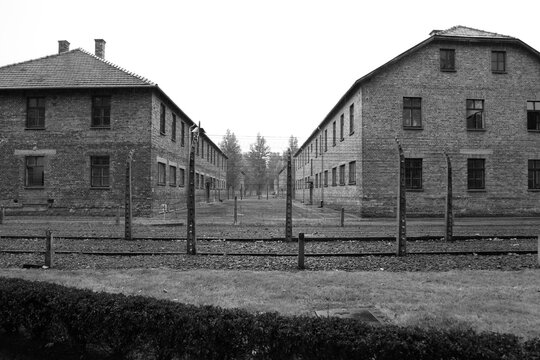 Brick barracks behind barbed wire at Auschwitz in black and white