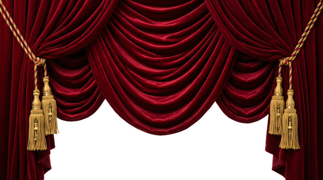 Luxurious red velvet theater stage curtains featuring ornate golden tassels and dramatic draping on transparent background