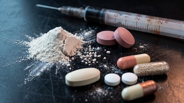 Addiction medicine: Drug paraphernalia symbolizes substance abuse, overdose danger, and urgent need for recovery