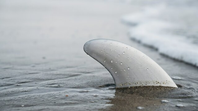 A surfboard fin is planted upright in the wet sand at the waters edge on a beach