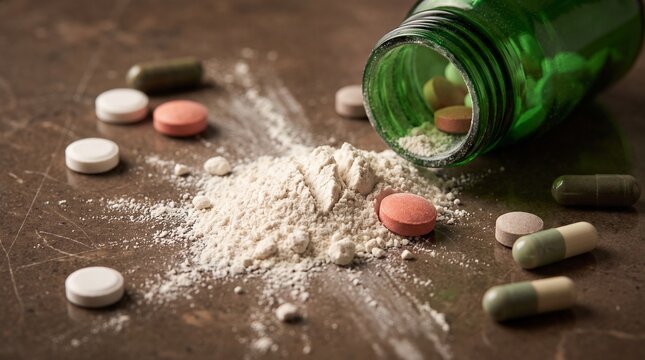 Addiction medicine: Spilled pills and powder symbolize substance misuse and the path to recovery